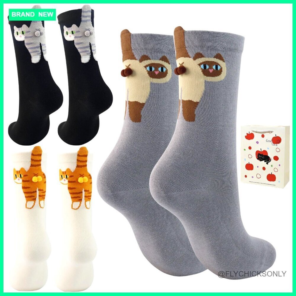 Women's 3D Novelty Cat Socks 3-Pack Cotton Crew Socks Funny Animal Gift